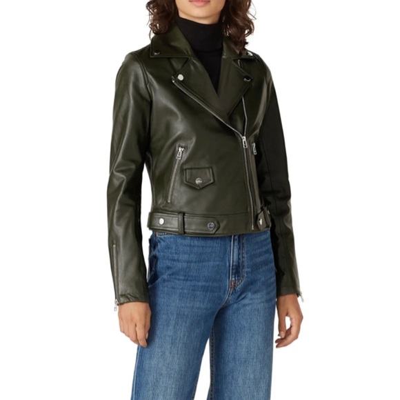 Slate & Willow Olive Leather Moto Jacket Size Medium $695